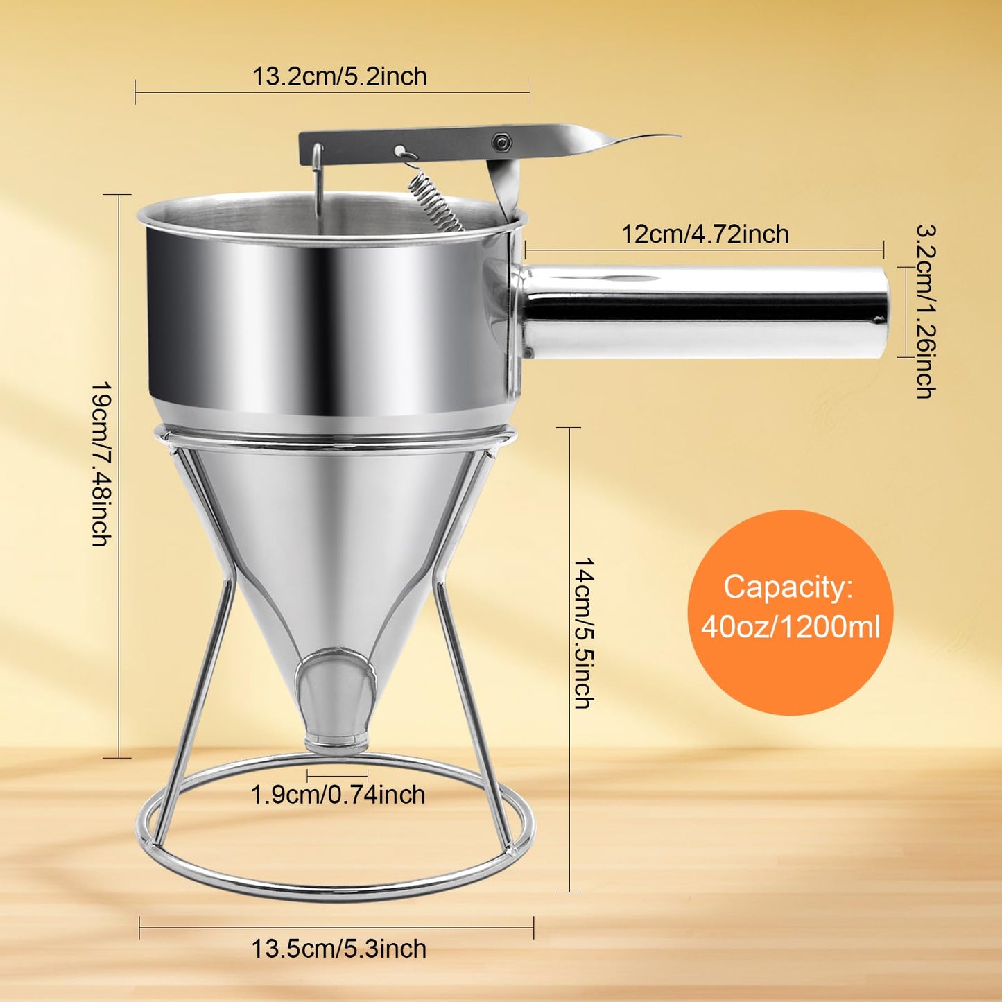 40oz Pancake Batter Dispenser, Stainless Steel Funnel Cake Dispenser with Stand Heavy Duty Baking Tool for Cupcake Waffles Cakes Takoyaki and Kitchen Baking (Large)