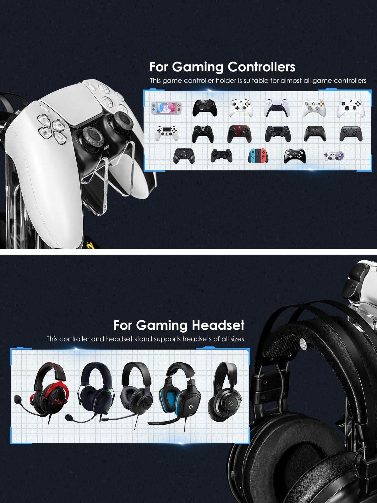 OAPRIRE Headset and Controller Stand, Space-Saving 2 Tier Game Controller Holder, Acrylic Controller and Headset Stand for Desktop, Universal Design Compatible with PS5/PS4/Xbox/Switch (Deep Black)