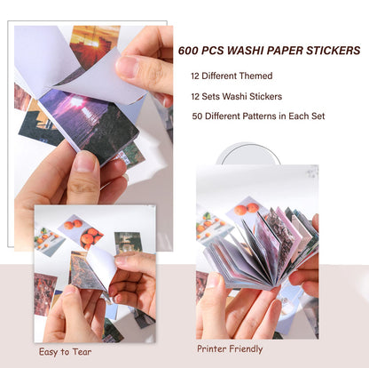 12 Sets 600 Sheets Washi Stickers for Journaling, Daily Quote Flower Nature Travel Stickers Vintage Aesthetic Scrapbook Sticker Set for Bullet Journal Art Diary Card Craft Gifts Planner Notebook