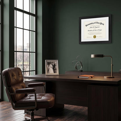 Americanflat 11x14 Diploma Frame with Shatter-Resistant Glass - Use as 8.5x11 Frame with Mat or Display 11x14 Documents Without Mat - Certificate Frames with Engineered Wood for Wall Display - Black