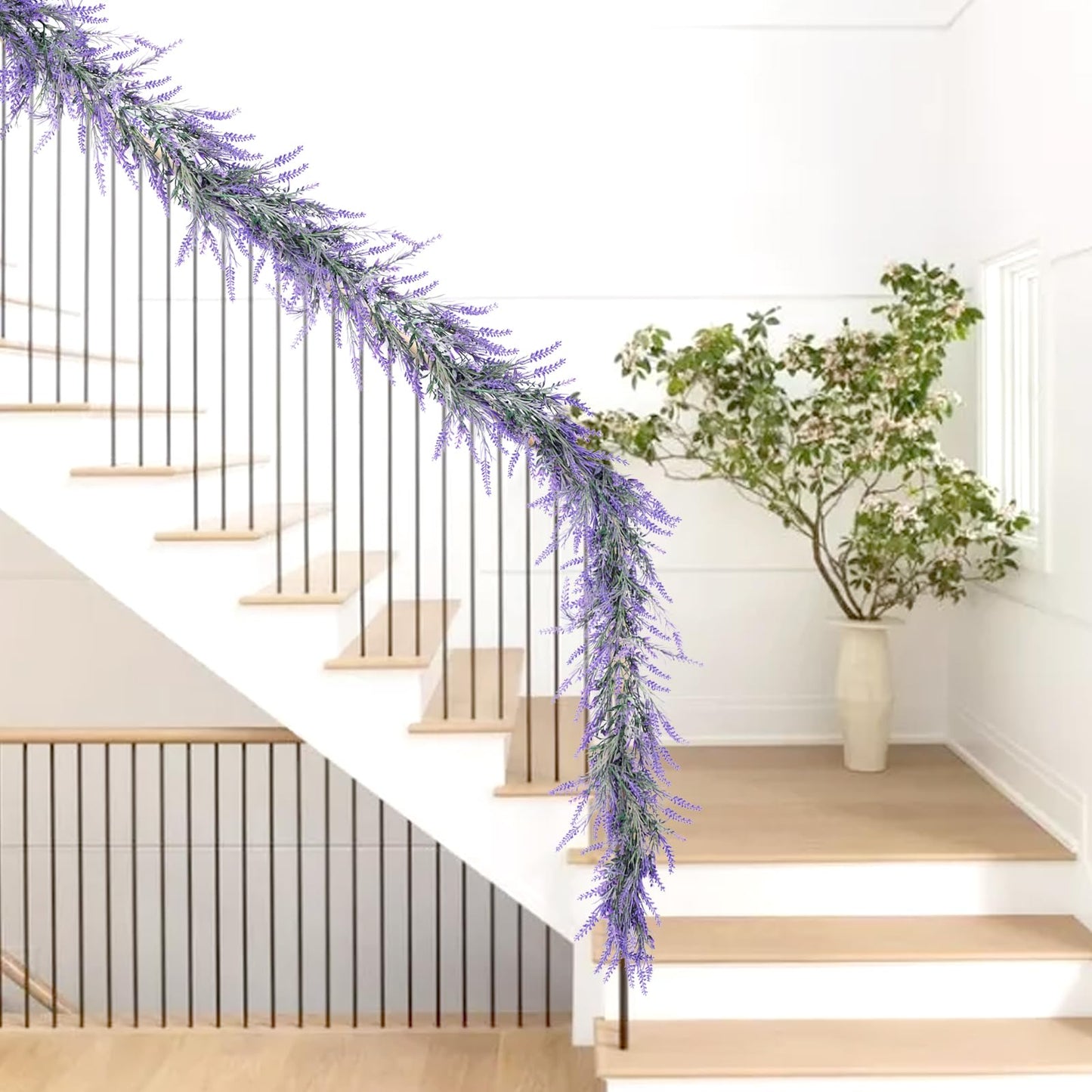 HUZIYAHAN Spring Summer Lavender Garland, 6Ft Purple Lavender Artificial Garland, All Year Lavender Garlands for Farmhouse Wedding Mantle Arch Porch Stair Table Indoor Door Home Decor (1)