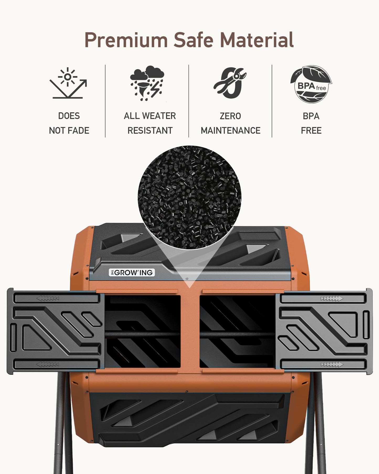 THEGROW'ING 43 Gallon Dual Chamber Compost Bin with Built-in Nuts, Outdoor Rotating Composter Tumbler for Garden Backyard, Orange