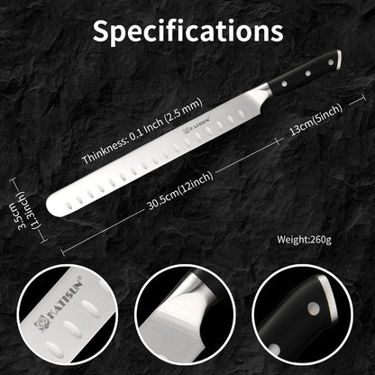 KATISUN Brisket Knife, 12 Inch Carving & Slicing Knife for Meat Cutting, BBQ, Razor Sharp German Steel, Sheath Included, Ergonomic Handle Design, Grilling Gifts for Men