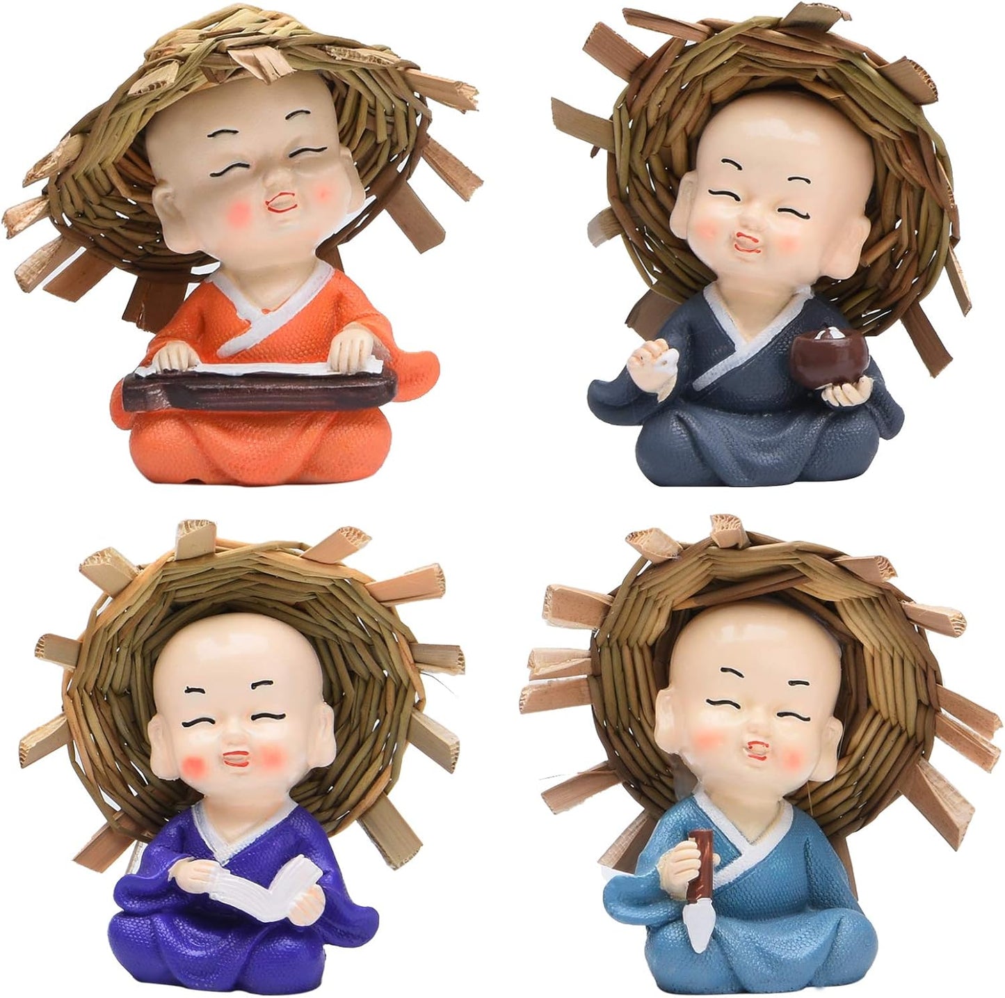 Brass Statu BRABUD Resin Smile Monk - Holding Chinese Zither, Chess Book, Paintbrush Statues for Home Decor
