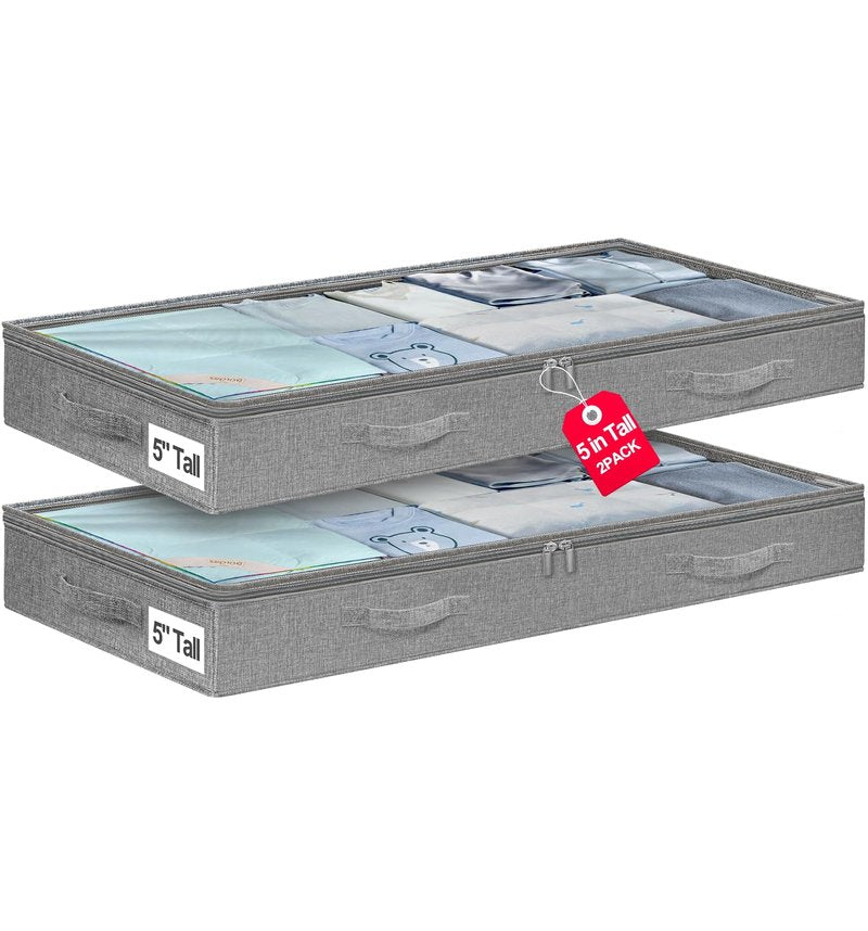 punemi 5 Inches High Low Profile Under Bed Storage Containers，No-Structure,Soft Fabric Zippered Underbed Storage bins for Clothes and Blankets— Fits Under Crib, Couch or Dorm bed,2-Pack,Grey