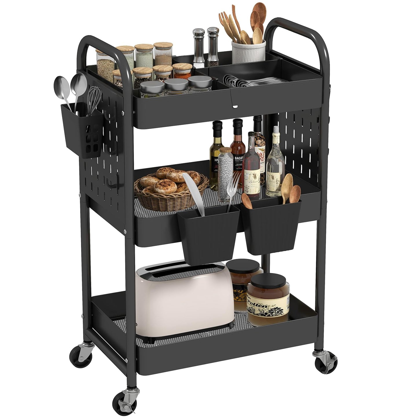 danpinera Craft Cart, Black Rolling Cart with Retractable Dividers & DIY Pegboards for Kitchen, Bedroom, Laundry