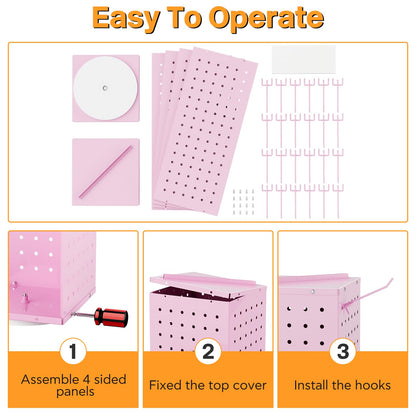 VACONICO Rotating Pegboard Display Stand with 24 Hooks, Tabletop Metal Peg Board Organizer for Craft Shows, Retail Stores, Vendors & Artists – 4-Sided Spinning Rack (Pink)