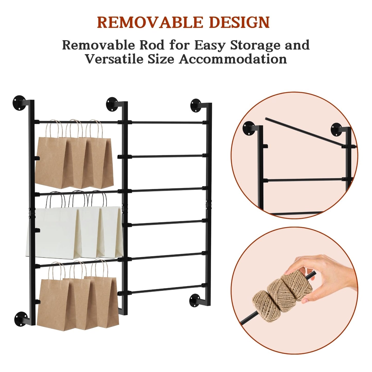 Double 6-Tier Ribbon Storage Organizer, Large Capacity Wall Mount Ribbon Organizer with 12 Removable Rods, Gift Bag Yarn Storage Holder for Craft Room, Flower Shop, DIY Supplies,Wrapping Paper - Metal