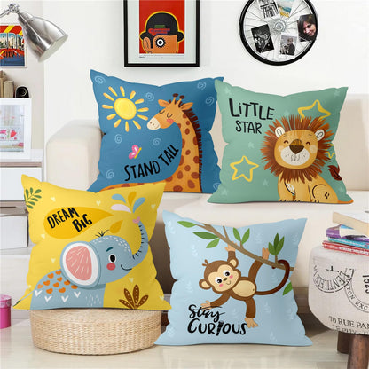 Joymaison Cartoon Animals Throw Pillow Covers 18x18 Inch Set of 4 Baby Elephant Giraffe Lion Monkey Cushion Pillow Case Nursery Home Decor for Kids Toddlers Teens