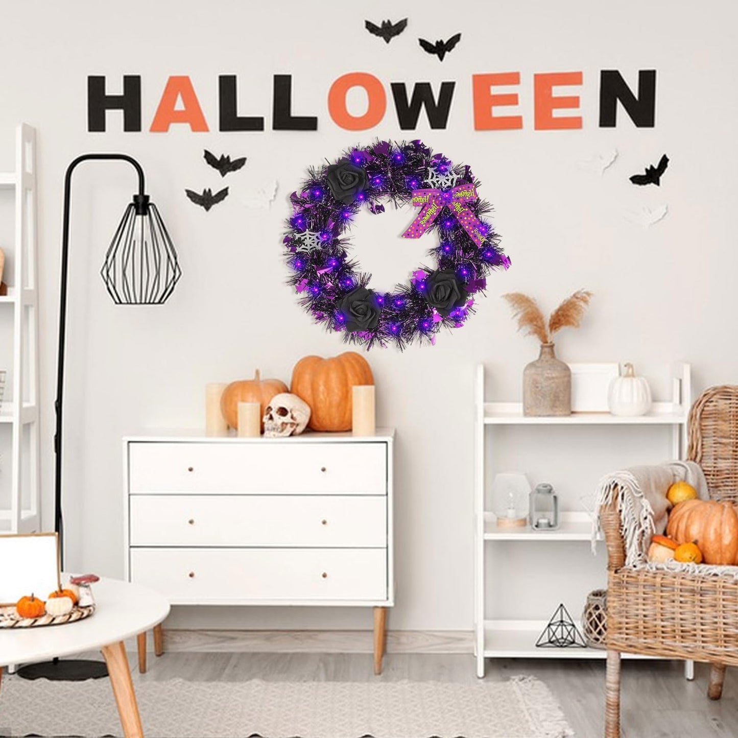 Halloween Wreath for Front Door with Lights,13 Inch Spider Web and Black Rose Wreath Halloween Decorations for Indoor Window Party Holiday Wall Home Decor (Spider Web)