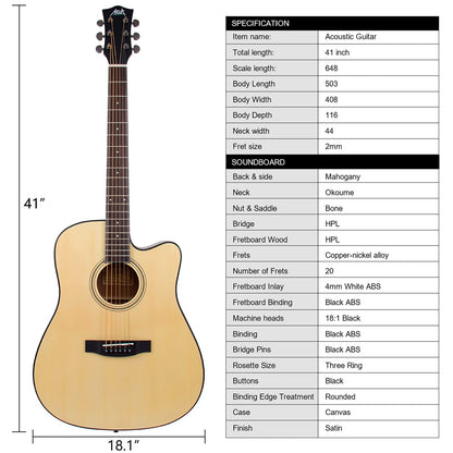 AKLOT Acoustic Guitar for Beginners Full Size 4/4 Folk Guitars Cutaway Acoustique Guitare Starter Kit (Spruce Wood W/Bag)