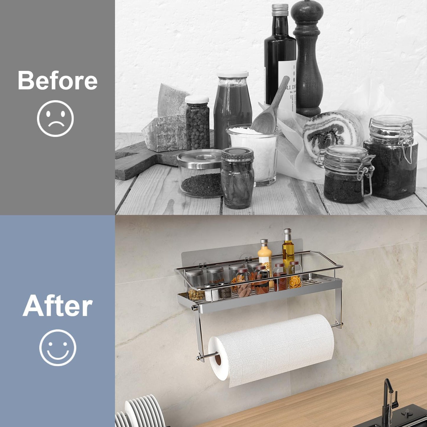 Adhesive Paper Towel Holder Shelf, Wall Mounted Roll Rack for Kitchen Shower Bathroom, Rustproof Stainless Steel