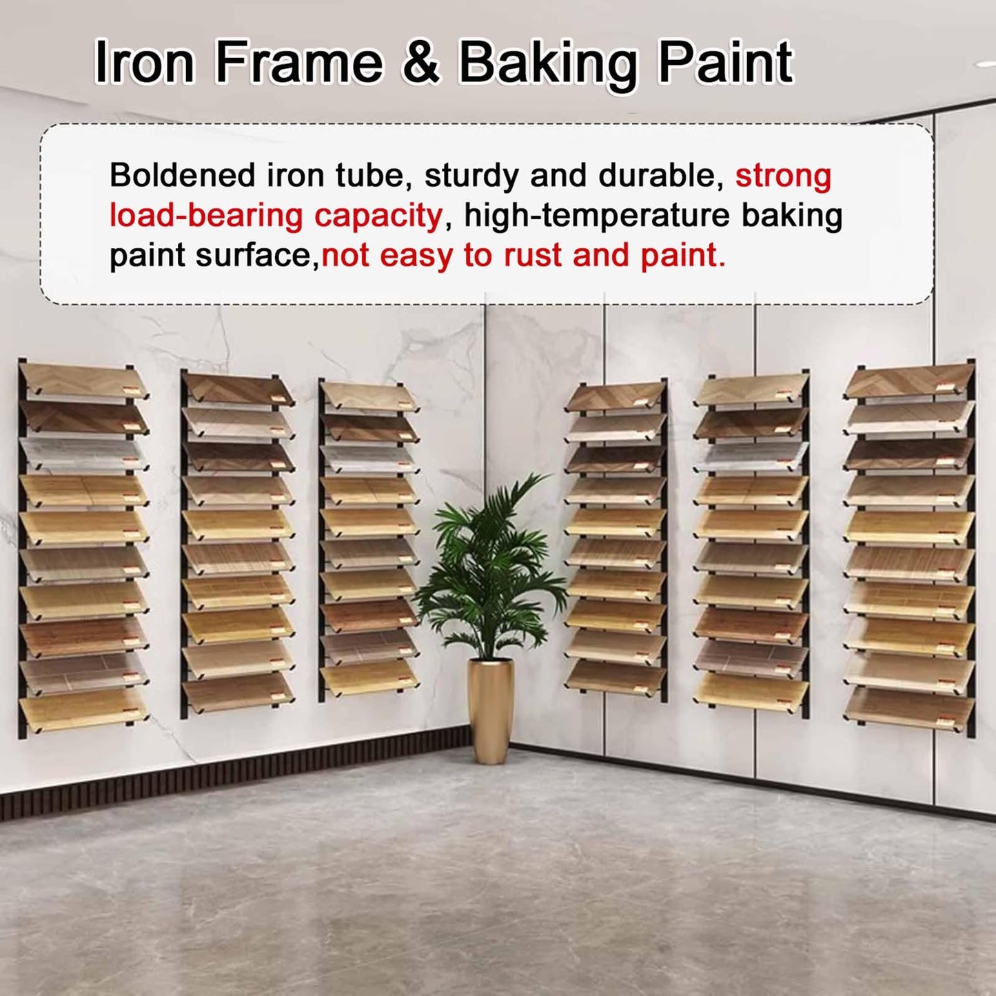 Floor Tile Sample Rack,Wall-Mounted Tile Sample Display Stand, 10-Tier Metal Holder for Retail, Heavy-Duty Floor Storage Rack, Space-Saving Wooden Shelf, Ideal for Showrooms (55.12x4.13in)