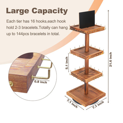 BDBDYEAY Bracelet Holder, 360° Rotating Jewelry Holder Organzier with Tray, Wooden Jewelry Tower with 48 Hooks, 4-Tier Large Capacity Jewelry Display Stand for Vendors Sell Bracelet Keychain Earring
