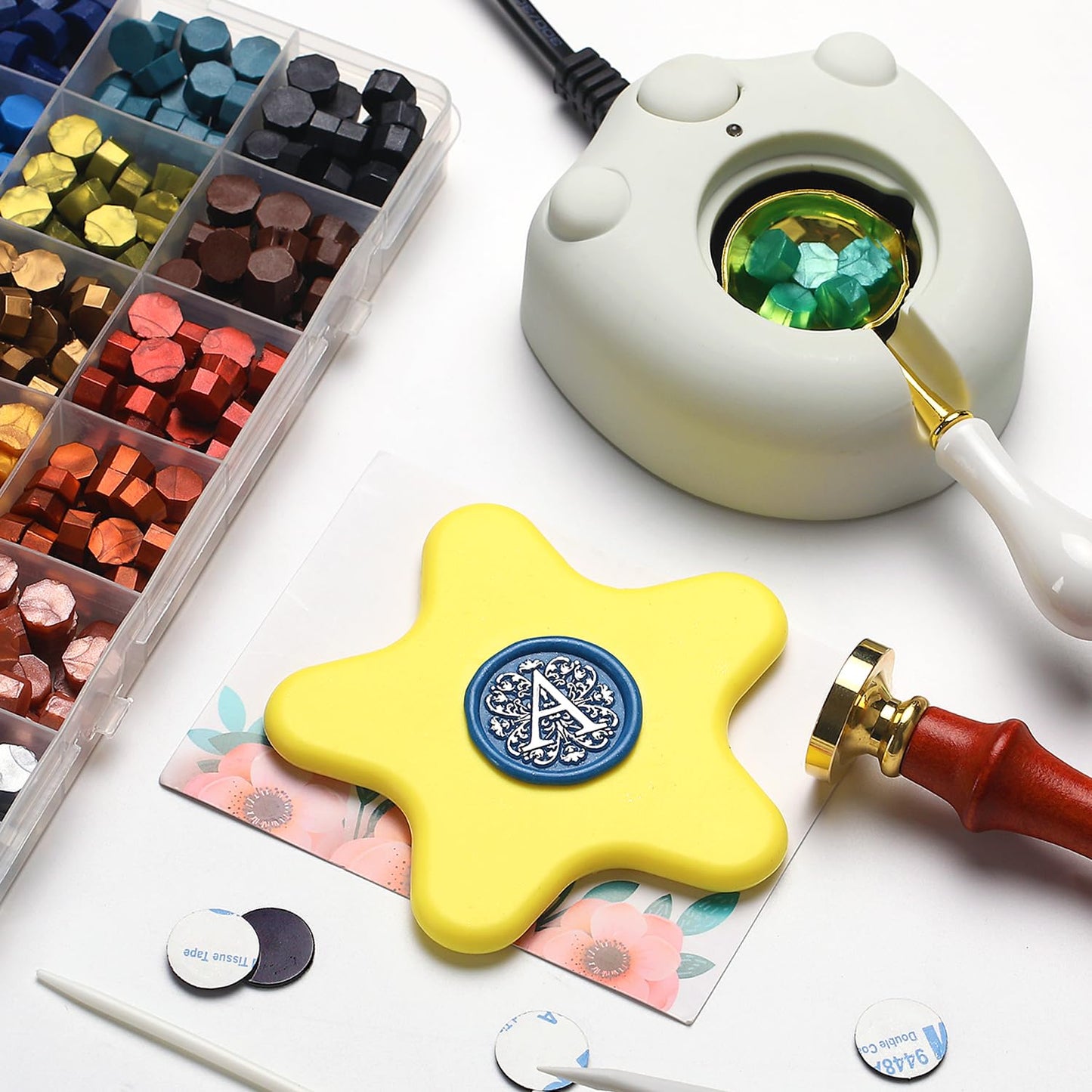 VSECUON Flower Initial Alphabet C & Eucalyptus Wax Seal Stamp Kit with 2 Brass Heads Electric Wax Seal Warmer 600 Sealing Beads Ideal for Wedding Invitation Gift Wrapping Christmas (Floral C Kit)