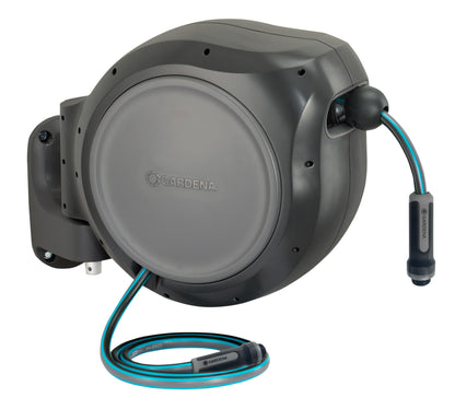 GARDENA 20505, 100' Retractable Garden Hose Reel with US Hose Threads - 100' x 1/2" hose, Automatic Retraction & Length Lock for Easy Watering. Heavy Duty Swivel Bracket 180°, Includes Nozzle.
