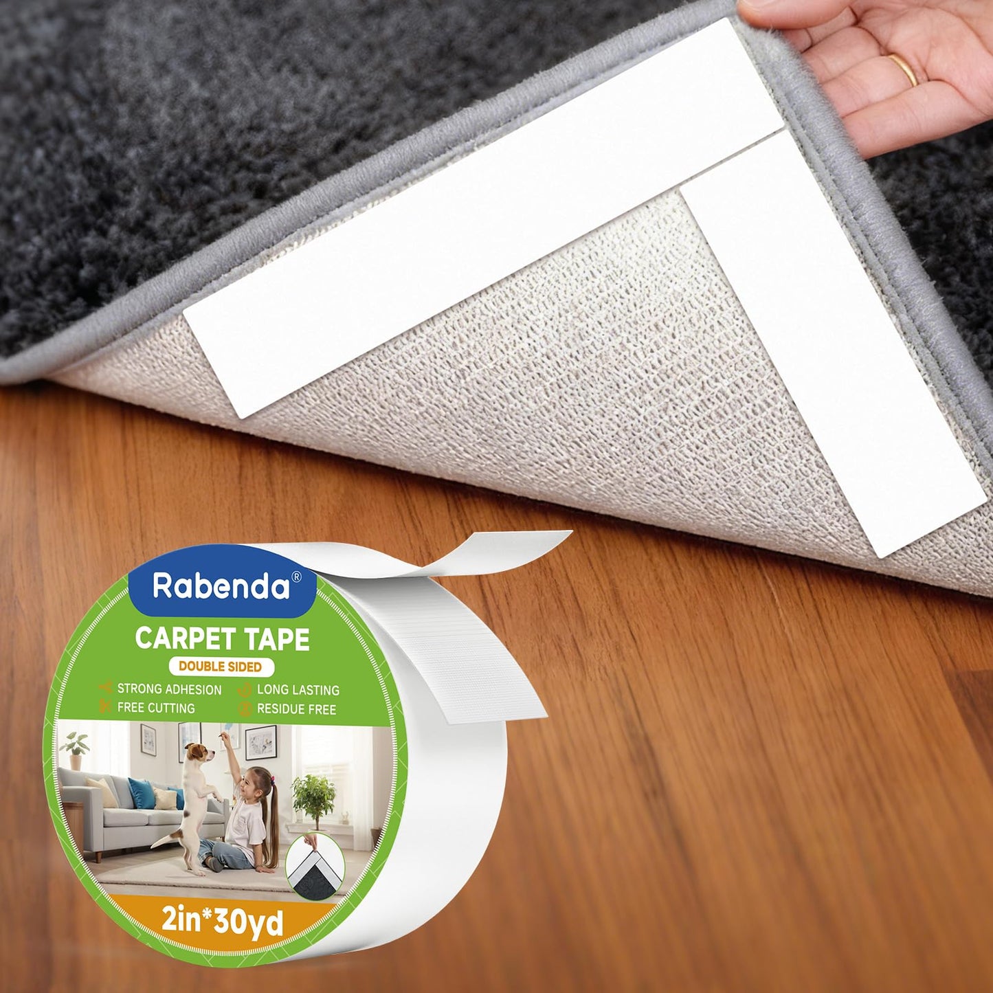 Rabenda Double Sided Carpet Tape - 2 Inch x 30 Yards Removable Rug Tape for Hardwood Floors, Tile & Laminate - No Residue Strong Hold Anti Slip Gripper for Area Rugs, Mats & Carpets