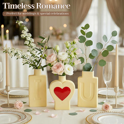 Ceramic Vase Set of 3, I Love U Matte Ceramic Vases for Home Decor, Romantic Decorative Flower Vases for Shelf, Bedroom, Coffee Table, Wedding Yellow Heart