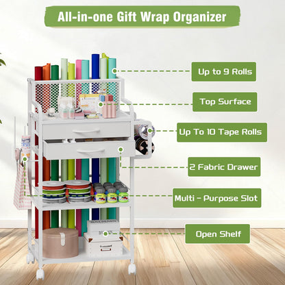 Rolling Craft Storage Cart with 2 Fabric Drawers & Lockable Wheels, Wrapping Paper & Gift Wrap Organizer with Ribbon & Tape Holder for Craft Supplies