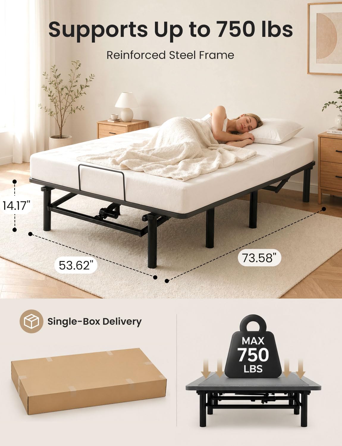 Full Size Adjustable Bed Base with Wireless Remote & USB Ports – Quiet Motor Heavy Duty 750lbs Capacity Bed Frame for Elderly Back Pain Relief, Foldable Design, Mattress Friendly Adjustable Base