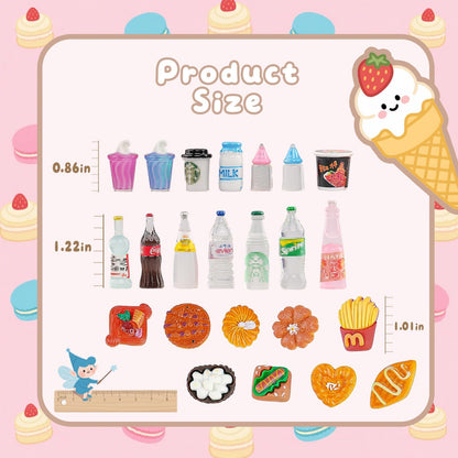 100 Pcs Miniature Food Set & Drink Bottles Realistic Resin Dollhouse Accessories 1:12 Scale Mini Food Kit for Kids Play, Collectors, Miniature Scene Kitchen Game Party Cake Bread Dessert