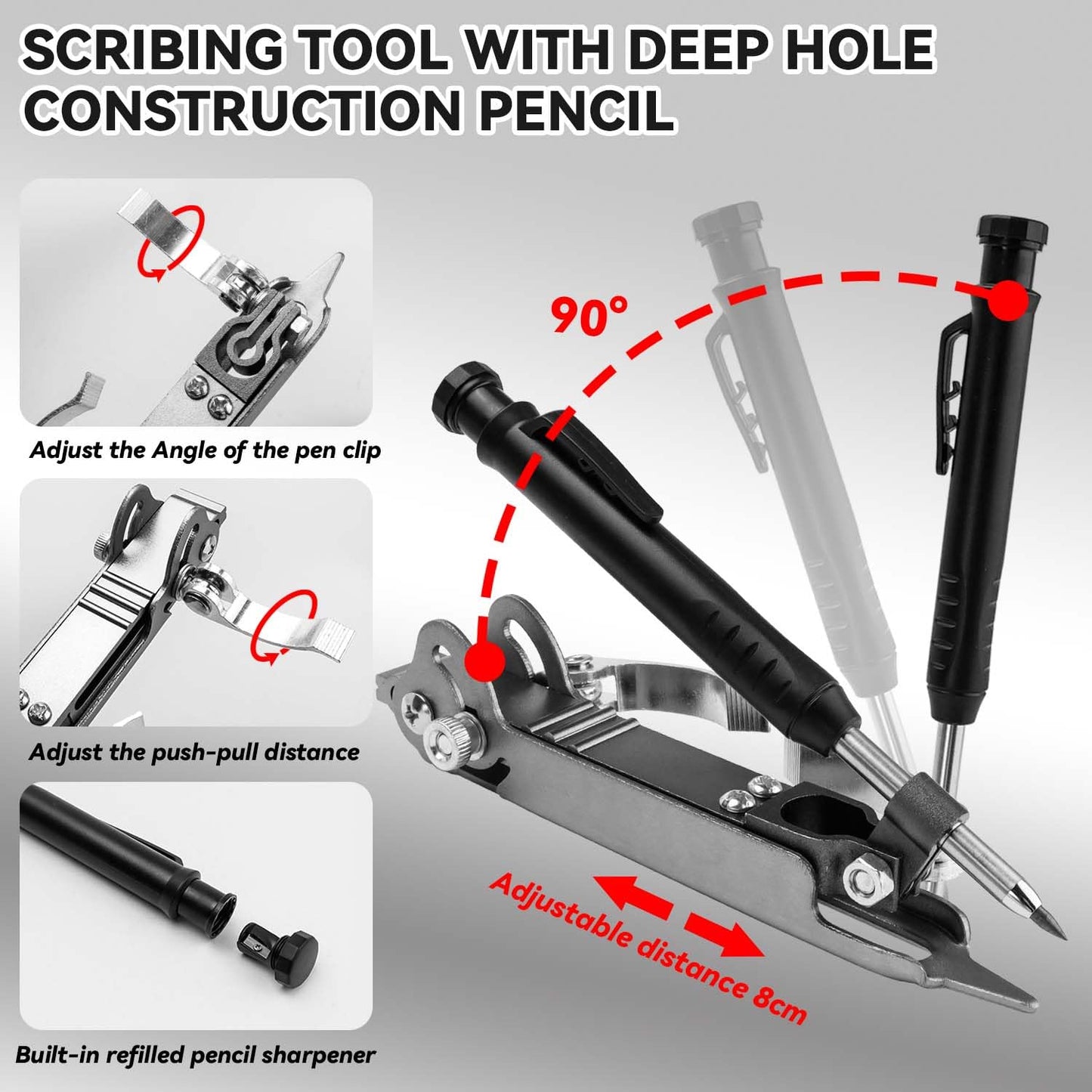 YAKAMOZ Multi-function Scribing Tool with Deep Hole Construction Pencil, Aluminum Alloy Carpenter Woodworking Compass Scriber Precise Contour Scribe Marking Tools