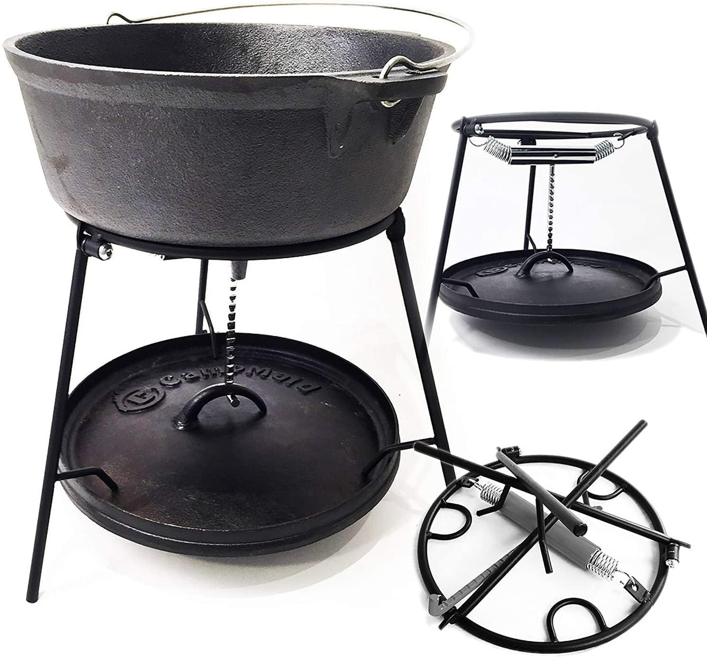 CampMaid Outdoor Cooking Set - Dutch Oven and Tools Set - Charcoal Holder & Cast Iron Grill Accessories - Camping Grill Set - Outdoor Cooking Essentials - Camp Kitchen Equipment - (6 Piece Set)