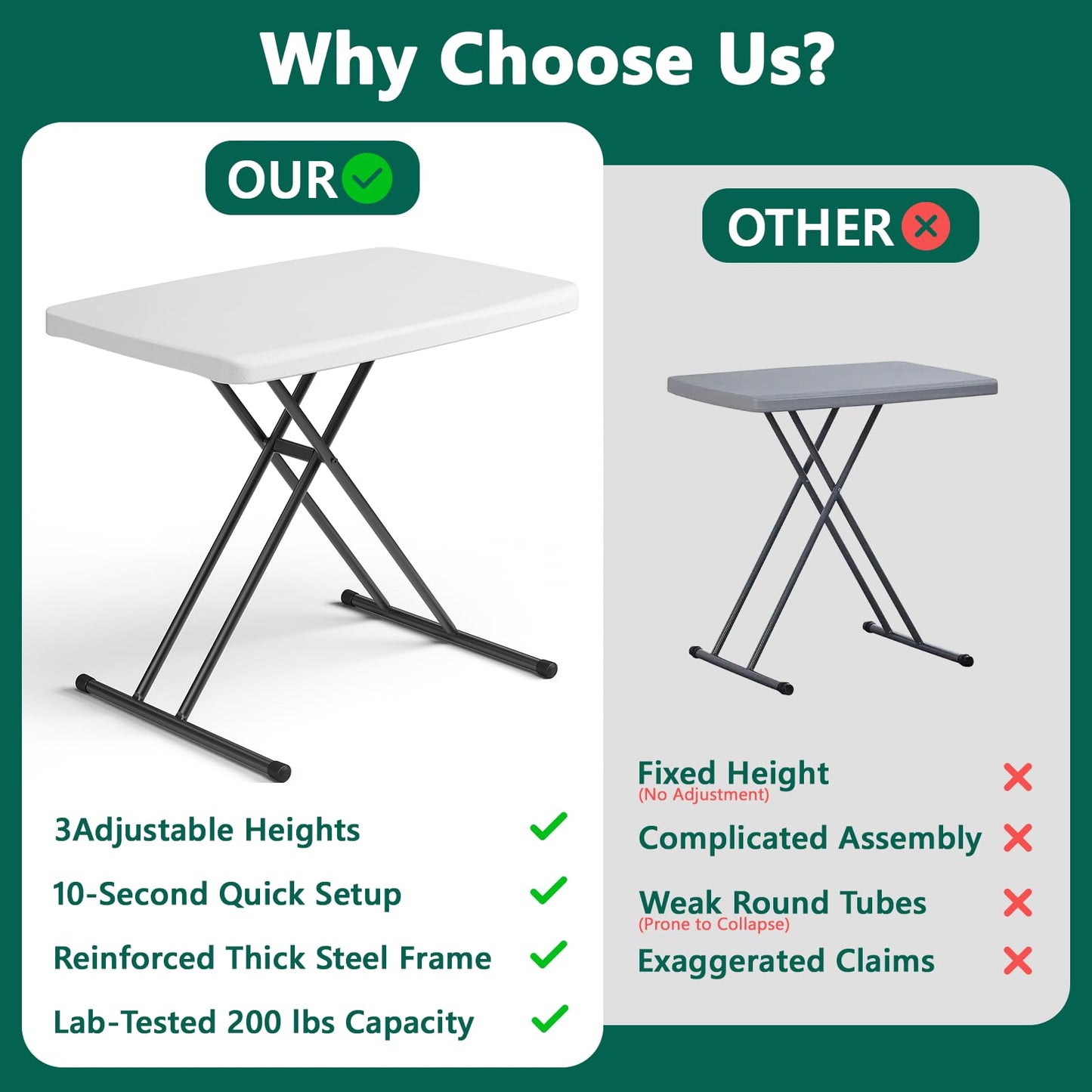 MAKE CHANGES Folding Table 30 Inch - Small Desk Adjustable Height TV Tray for Laptop, Couch, Camping - Heavy Duty Utility Foldable Table for Small Spaces, No Assembly Required, White Granite
