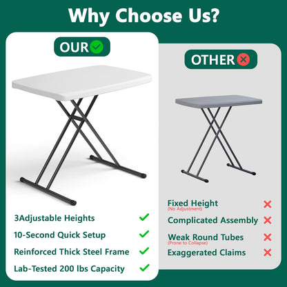 MAKE CHANGES Folding Table 30 Inch - Small Desk Adjustable Height TV Tray for Laptop, Couch, Camping - Heavy Duty Utility Foldable Table for Small Spaces, No Assembly Required, White Granite