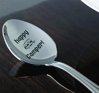 THE BASH AFFAIR Happy Camper Engraved Spoon Gift for Friend, 7 Inch Stainless Steel for Camping