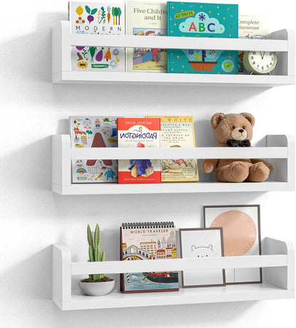 16.5 Inch Set 3 Floating Wall Nursery Book Shelves for Bedrooms Kids White Wooden Baby Book Shelf for Kids Rooms