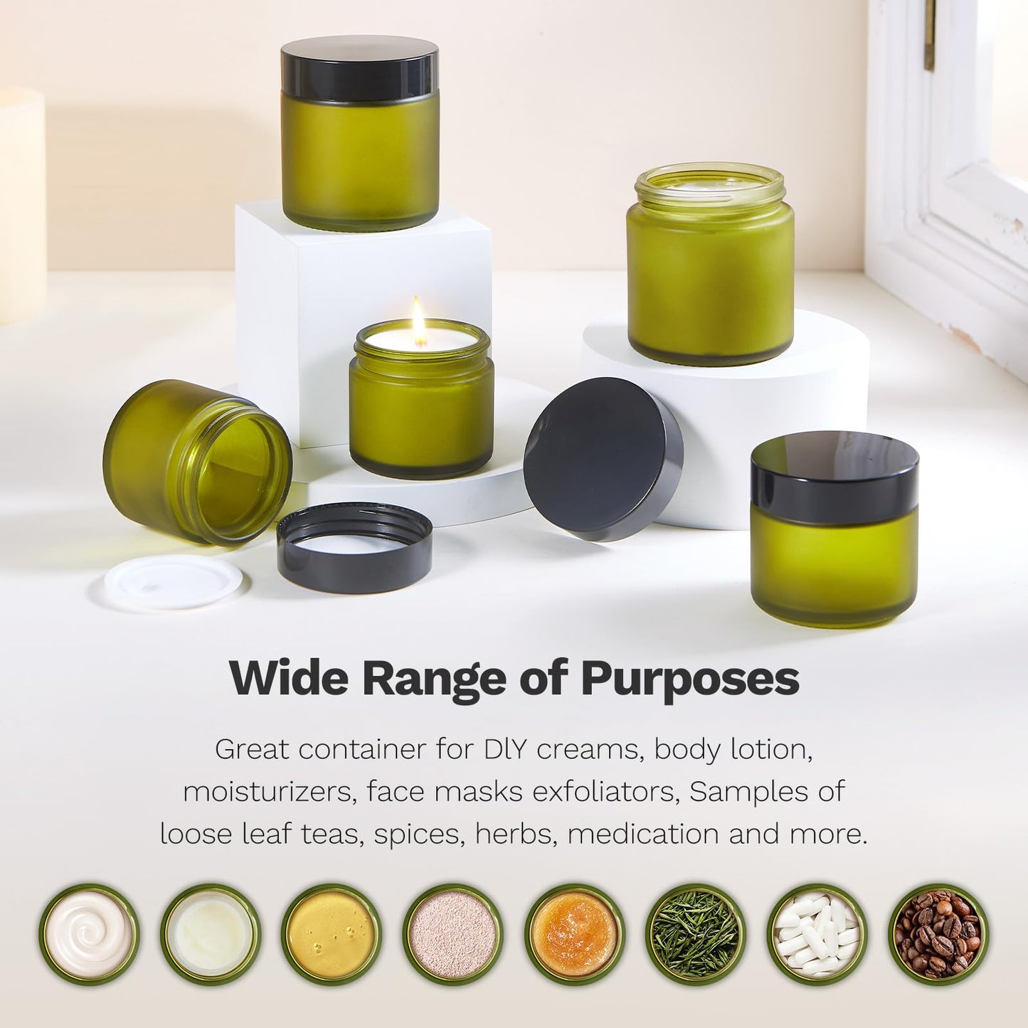 2 oz Small Glass Jars with Lids, Bumobum 48 pack Round Green Glass Candle Jars with Black Lids, White Labels & Inner Liners, Empty Cosmetic Containers for Cream, Lotion, Slime, Ointment