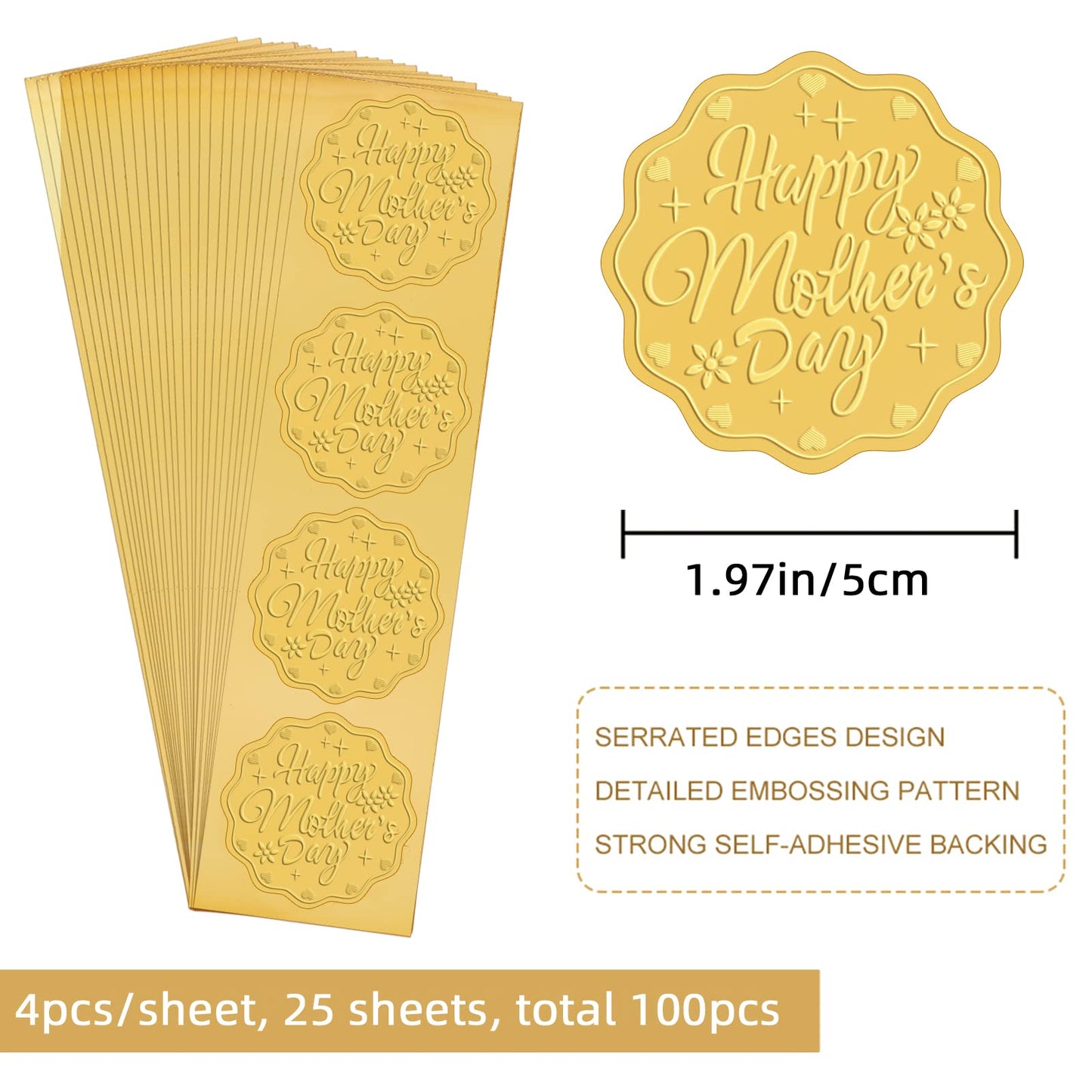 CRASPIRE 2 Inch Envelope Seals Stickers Happy Mother’s Day 100pcs Embossed Foil Seals Adhesive Gold Foil Seals Stickers Label for Wedding Invitations Envelopes Gift Packaging
