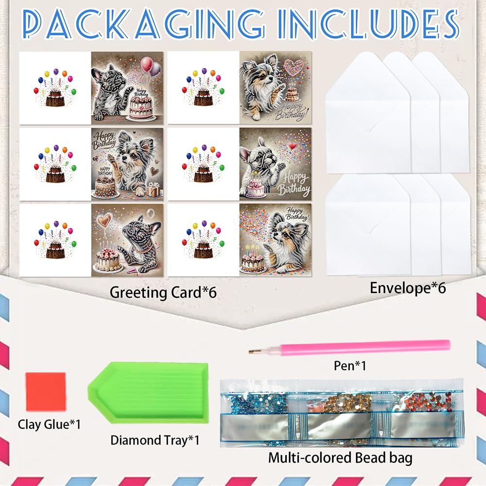 POETRYDRAW 6 Pack 5D DIY Diamond Art Painting Dog Card Kit, Diamond Art Birthday Holiday Greeting Card, Crafts Kit Creative with Envelope
