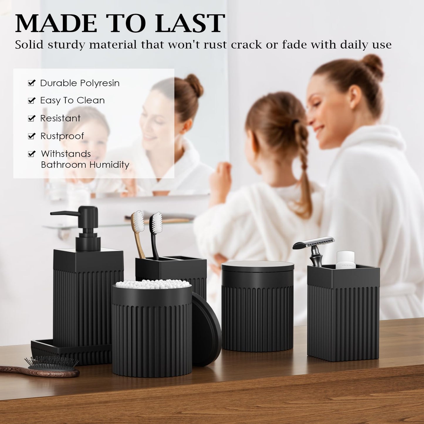 InnJoey 6-Piece Black Bathroom Set - Sleek Resin Organizer with Soap Dispenser, Toothbrush Holder, Vanity Tray, Tumbler & Apothecary Jars for Small Spaces