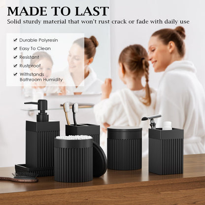 InnJoey 6-Piece Black Bathroom Set - Sleek Resin Organizer with Soap Dispenser, Toothbrush Holder, Vanity Tray, Tumbler & Apothecary Jars for Small Spaces