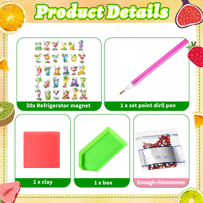 Remuuly 30 Pcs Cocktail Diamond Painting Magnets, Summer Diamond Art Magnet Kits for Adults, Tropical Drink 5D Rhinestones Gem Refrigerator Magnetic Stickers for Beginner, DIY Crafts, Fridge Gifts