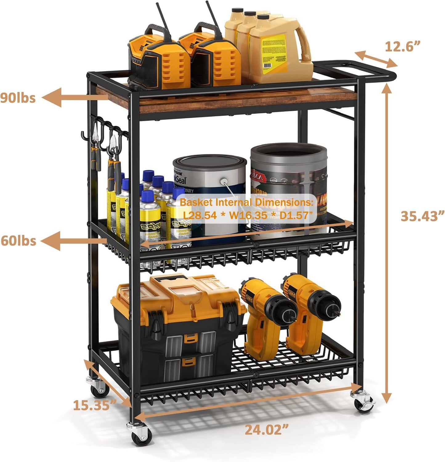 Microwave Kitchen Cart with Push Handle, 3 Tier Rolling Cart with 2 Lockable Wheels, Vintage Kitchen Storage Cart with 210Lbs Capacity for Kitchen Island, Restaurant, Coffee Bar, Living Room, Office
