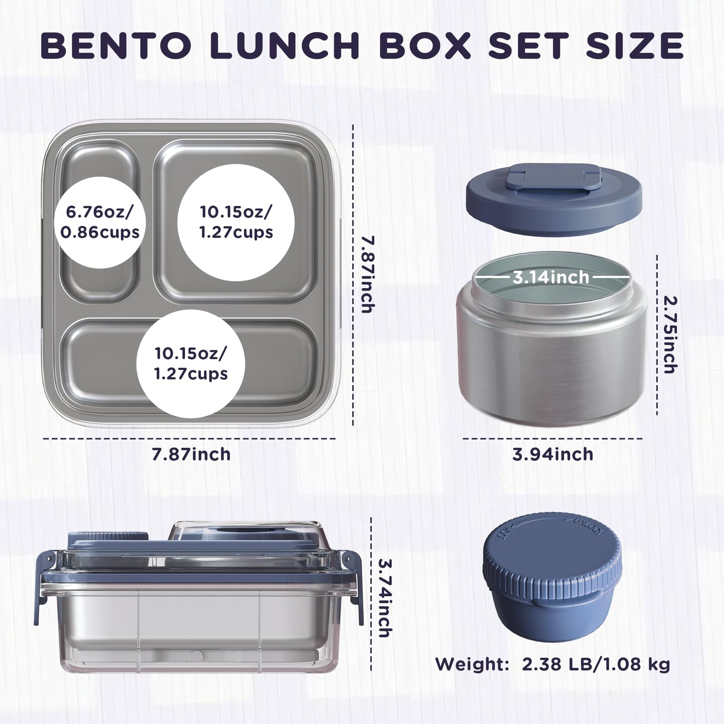 Fomazi Stainless Steel Bento Lunch Box for Kids Adults with 8oz Insulated Food Jar, Leak-proof, Dishwasher-Safe, Transparent Lid with Sauce Cup and Cutlery Storage for School & Travel,BPA-Free(Blue)