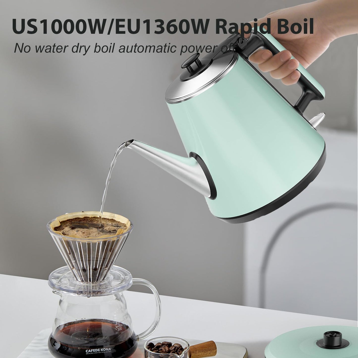 Small Electric Kettle 0.9L, 304 Stainless Steel Inner, 1000W Fast Boiling in 4-6 Mins, Vintage Compact Design with One Key Operation, Auto Shut Off, Dry Boil Protection, for Home, Office, Coffee Etc.