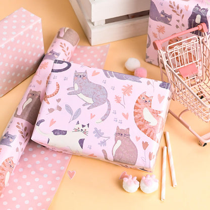 Burymento Reversible Cat Design Wrapping Paper Roll - Pink and white polka dot design on the other side, suitable for Valentine's Day, Birthday, Mother's Day, Wedding, Baby Shower