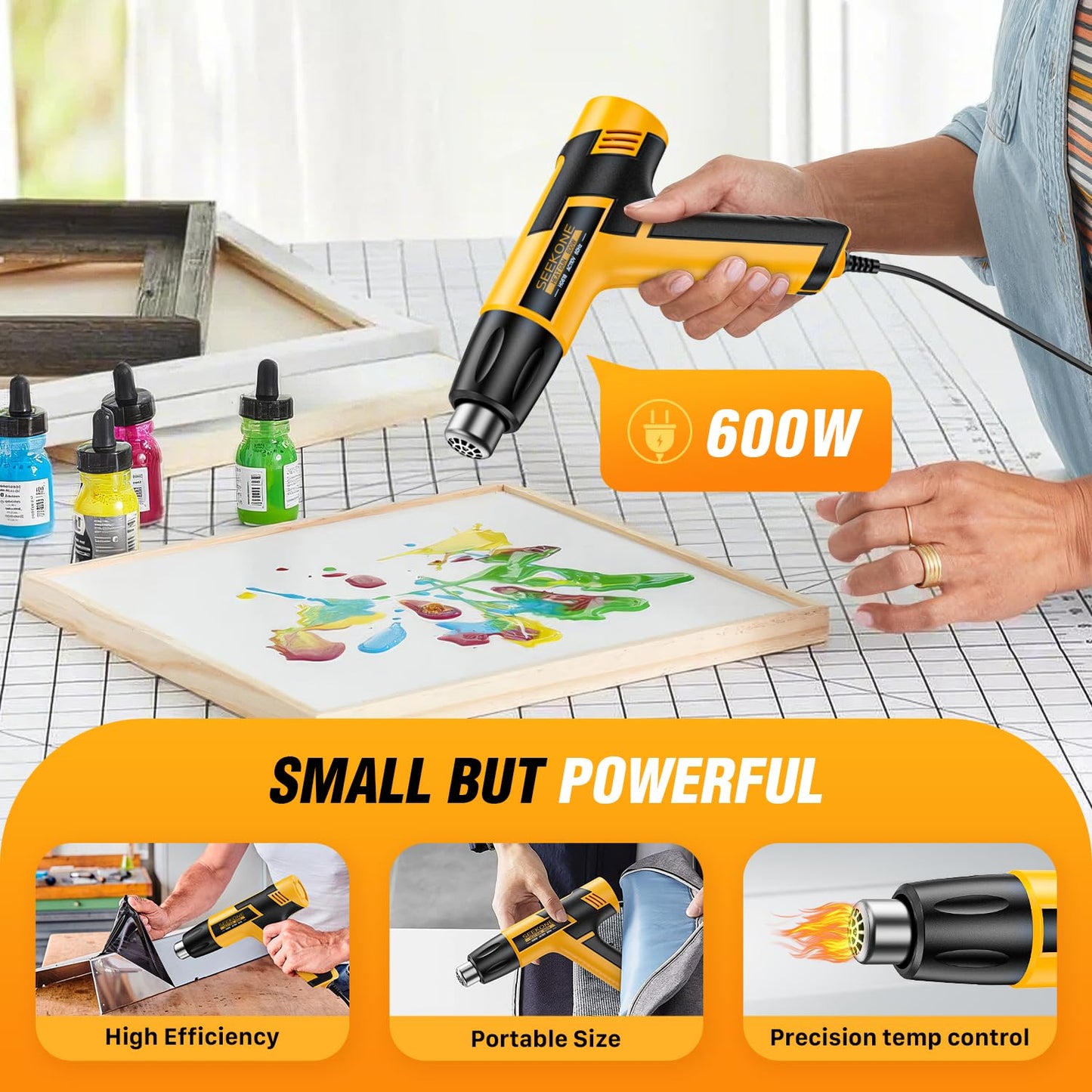 SEEKONE Mini Heat Gun, 600W Dual Temperature Hot Air Gun Tool 572℉&932℉, With 4.9Ft Long Cable and Overheat Protection for Crafts, Embossing, Paint Stripping, Shrink Wrap, and Heat Shrink Tube