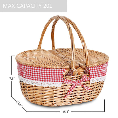 Wicker Picnic Basket with Removable Liner Empty Picnic Baskets with Lid for 2, Picnic Hamper with Foldable Handles for Picnic 2,Checkered