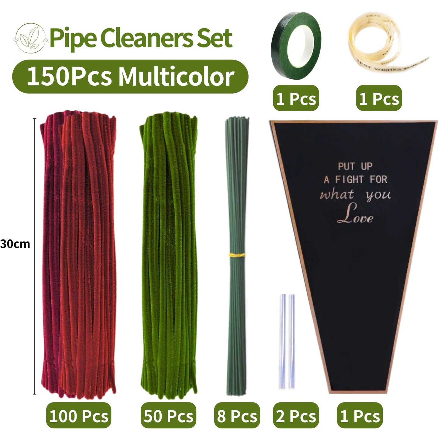 NafuXiaJJia Rose Pipe Cleaner Kit with 150 Pcs Pipe Cleaners Colourful in 2 Colours（Burgundy,Green,8 Pcs Green Floral Wire,Floral Tape,Flower Wrapping Paper and Ribbon