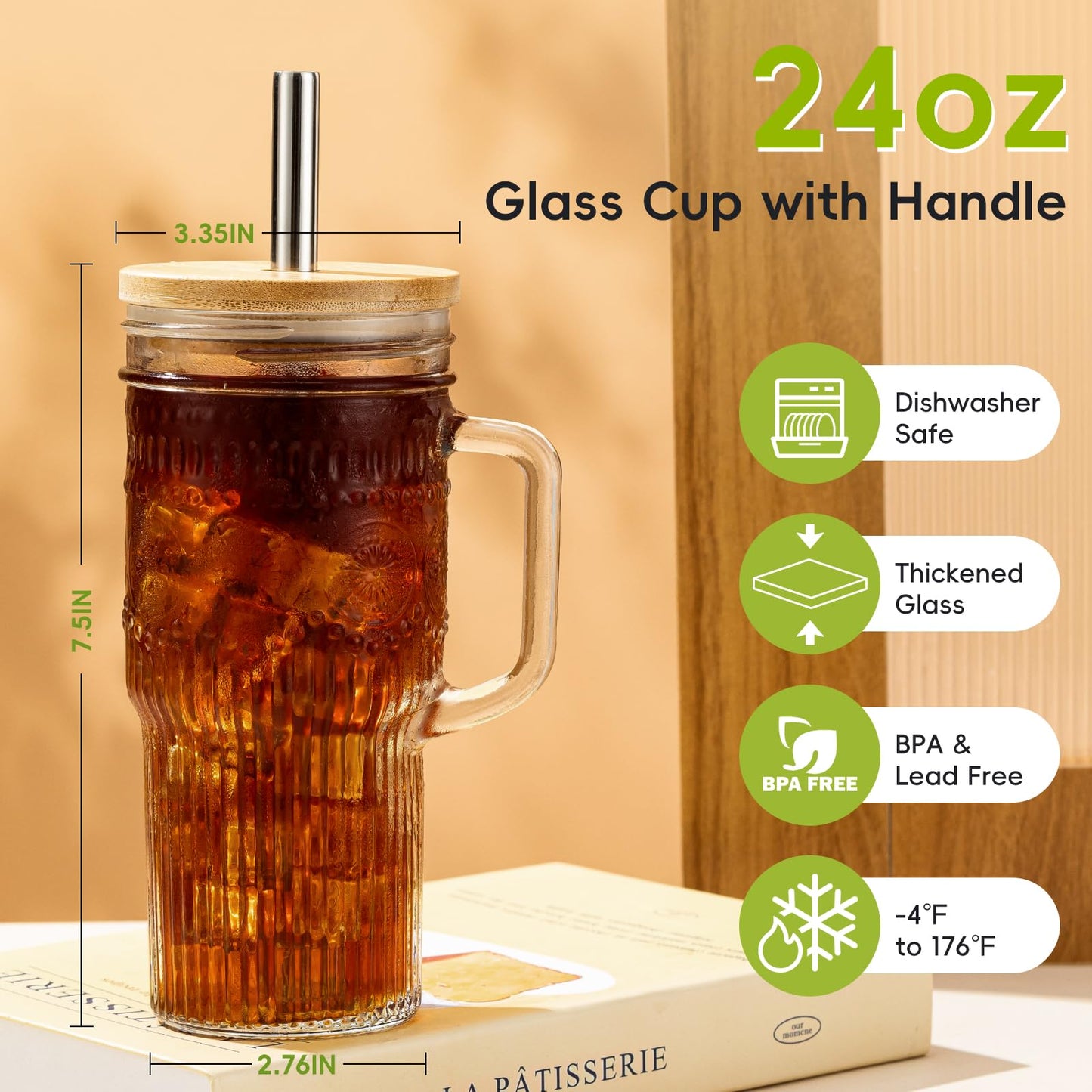 JunVpic Glass Cups with Bamboo Lids and Straws, 24oz Glass Tumbler with Handle, Stainless Steel Straws & Cleaning Brushes – Boho Pattern Iced Coffee Cup for Smoothies, Tea, and Gifts, Set of 2