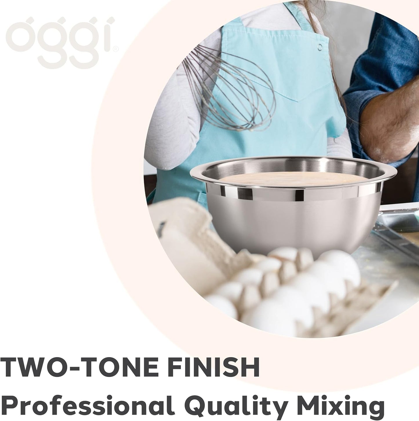 Oggi 3-Quart Two-Tone Stainless Steel Mixing Bowl for Mixing, Making Dough, Dressing Salads, Washing Vegetables