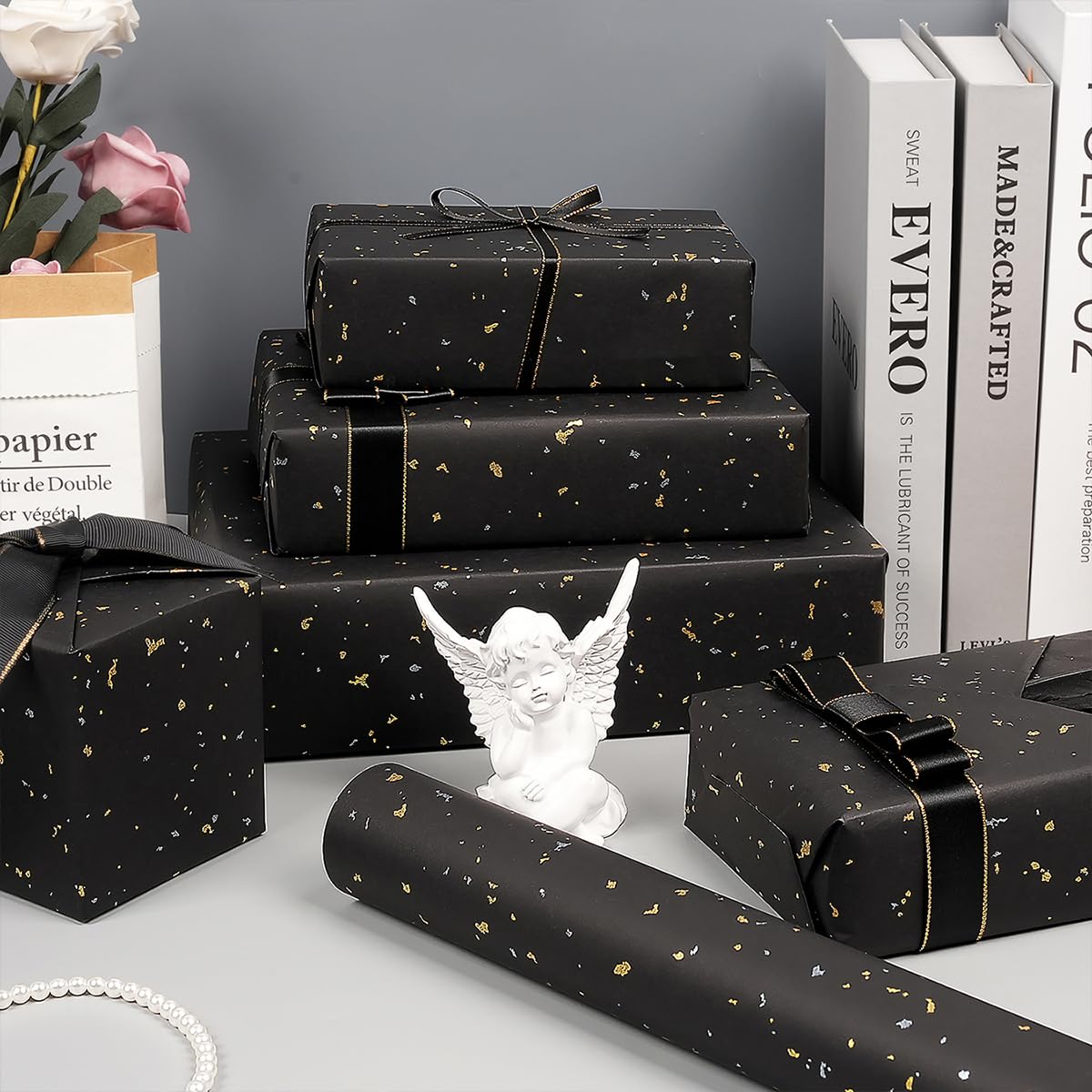 Black Wrapping Paper Roll - 17Inch×33Feet, Black and Gold Foil Wrapping Paper, Matte Kraft Gift Wrap Paper with Silver and Gold Foil Flake for Birthday Wedding Baby Shower Christmas Holiday All Occasions