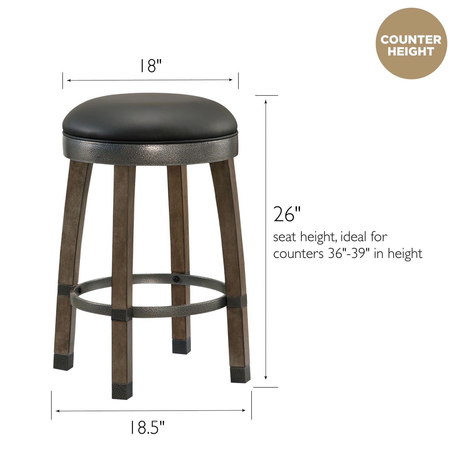 Leick Home Calton Counter Stool, with Swivel Seat, for Kitchen or Dining Area, Black Faux Leather and Graystone, 2 Pack, 10118GS/BL