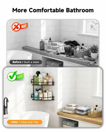 BANGMANG Shower Caddy Suction Cup, 2 Pack Suction Shower Shelf, NO-Drilling Bathroom Holder, Rustproof Bathroom Organizer for 90° Wall Corner, Black