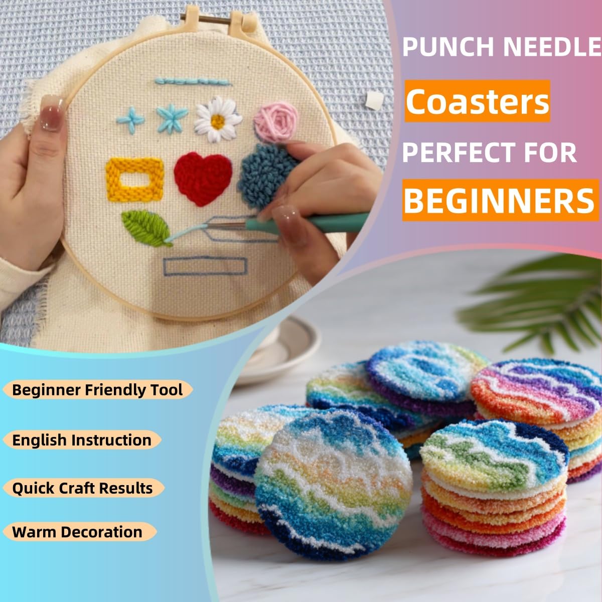 6PCS Punch Needle Coaster Kit Coffee Cup Easy for Beginners Stress Relief Craft Set with Hoop Yarn & Patterns DIY Embroidery Mug Rug Kit for Adults Kids Home Decor-4